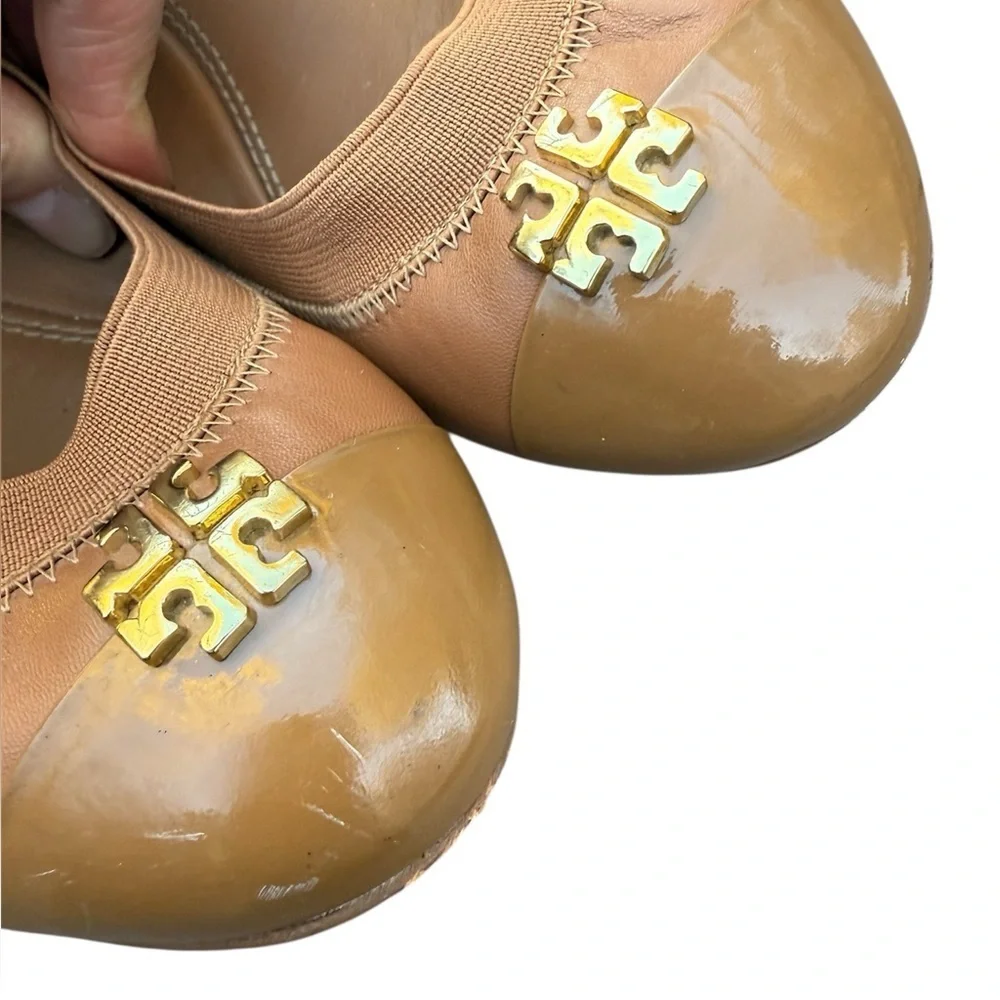 Tory Burch Jolie Cap-Toe brown Leather Ballet Flats shoes size 8.5
